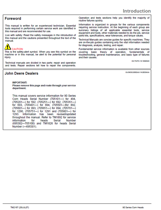 John Deere 90 Series Corn Header TM2167 Service Repair Guide