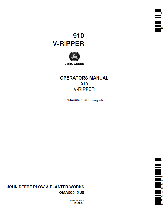 John Deere 910 V-Ripper Operator Manual OMA50545 – Complete PDF Guide