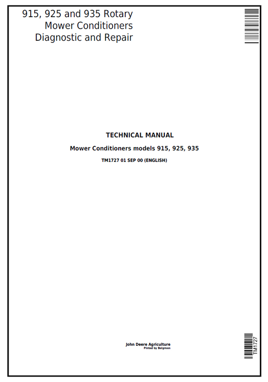 John Deere 915 925 935 Rotary Mower Conditioner TM1727 Repair Manual