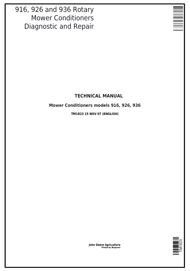 John Deere 916 926 936 Rotary Mower Conditioner TM1823 Repair Manual