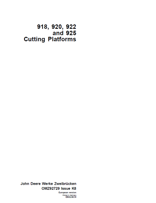 John Deere 918 920 922 925 Cutting Platform OMZ92729 Operator Manual
