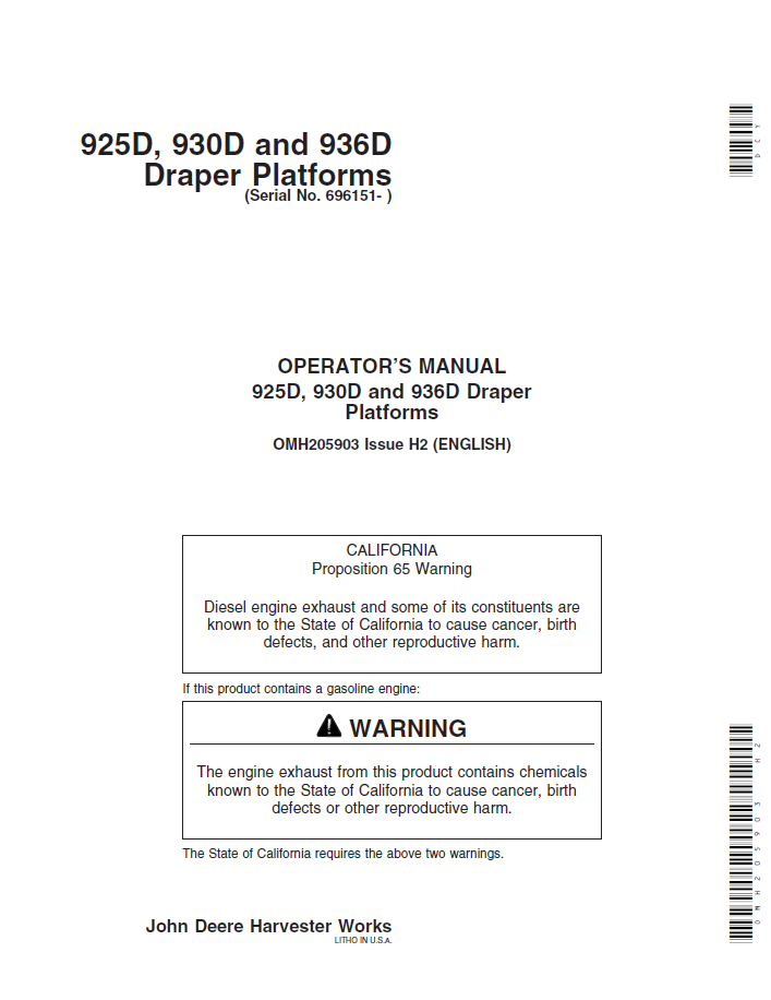 John Deere 925D, 930D and 936D Draper Platform Operator Manual (OMH205903)