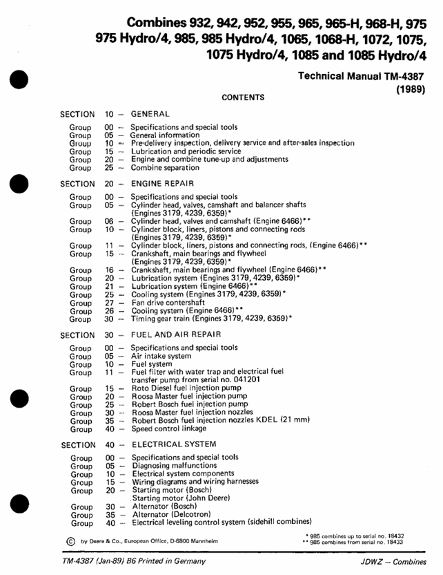 John Deere 932-1085 Hydro 4 Combine Service & Repair Manual TM4387