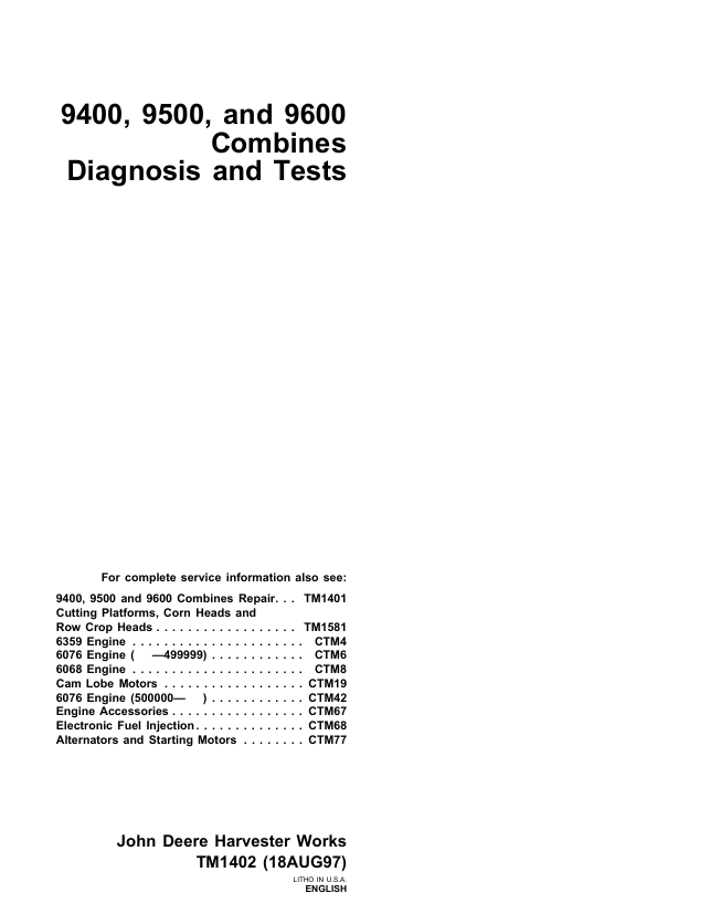 John Deere 9400 9500 9501 9600 Combine Diagnostic & Test Manual TM1402