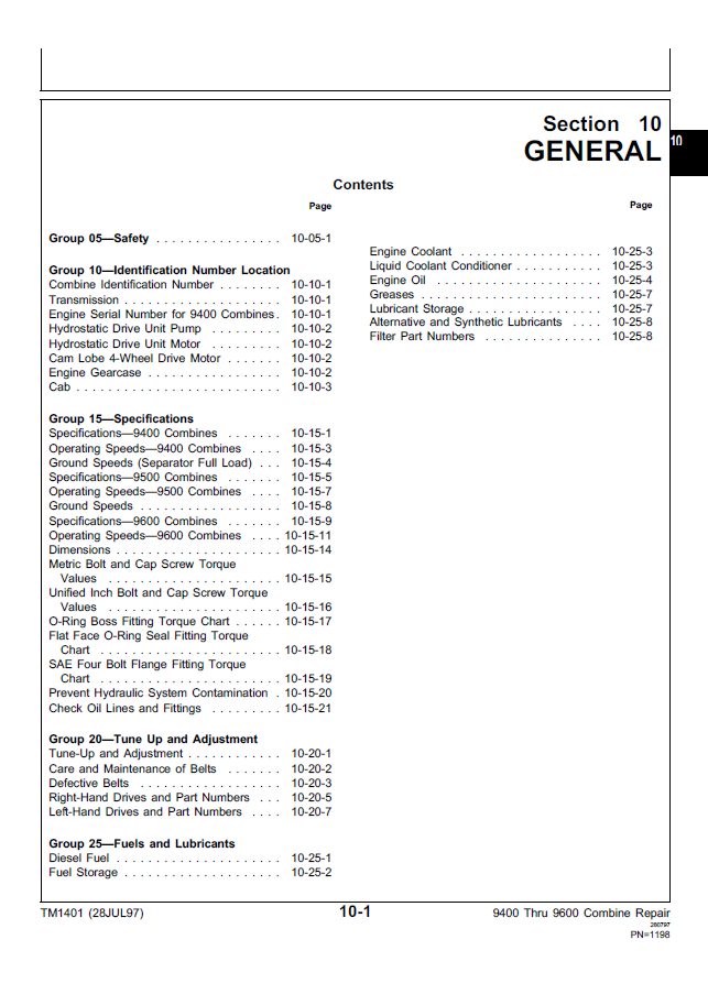 John Deere 9400 9500 9600 Combine Repair Manual TM1401 PDF