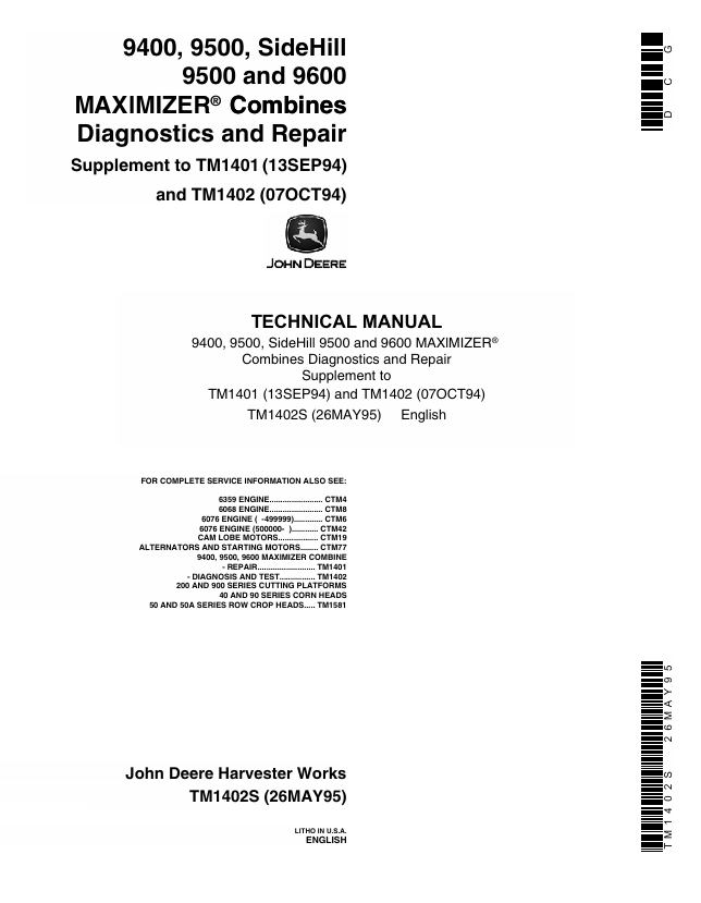John Deere 9400 9500 9600 Maximizer Combine Diagnostic Repair Manual TM1402