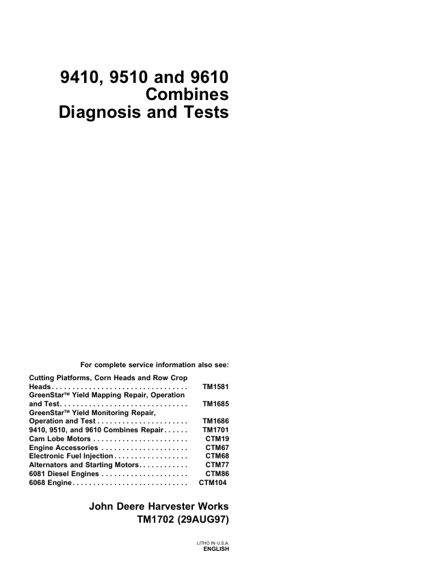 John Deere 9410 9510 9610 Combine Diagnostic Manual TM1702