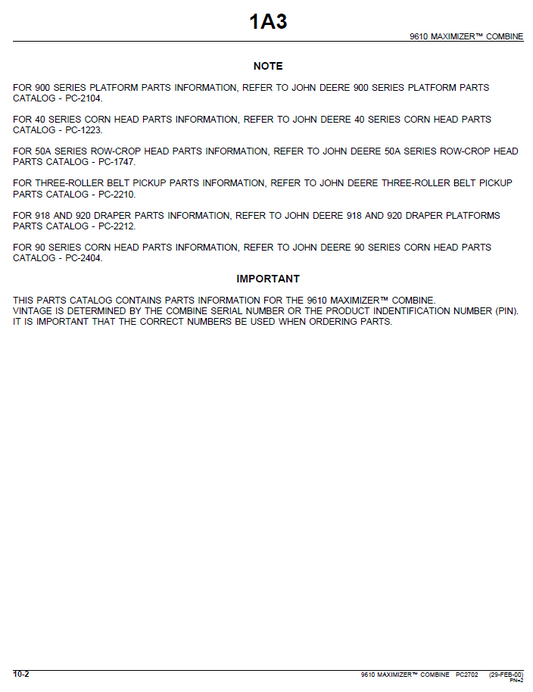 John Deere 9610 Combine PC2702 900 Series Platform Parts Guide