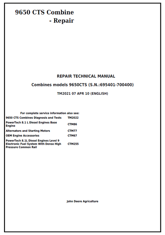 John Deere 9650 CTS Combine Workshop & Repair Manual (TM2021)