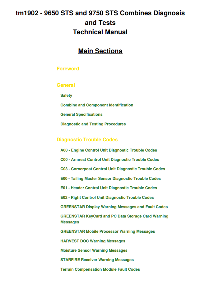 John Deere 9650 STS & 9750 STS Combine Diagnosis & Test Manual (TM1902)