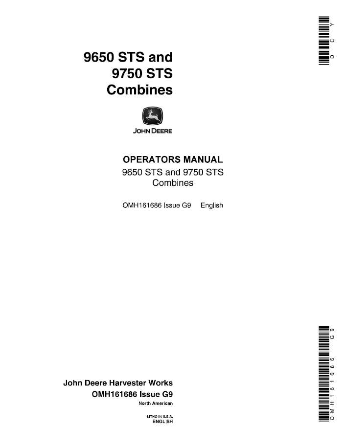 John Deere 9650 STS & 9750 STS Combine Owner & Operator Manual (OMH161686)