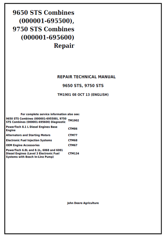 John Deere 9650 STS & 9750 STS Combine Workshop & Repair Manual (TM1901)