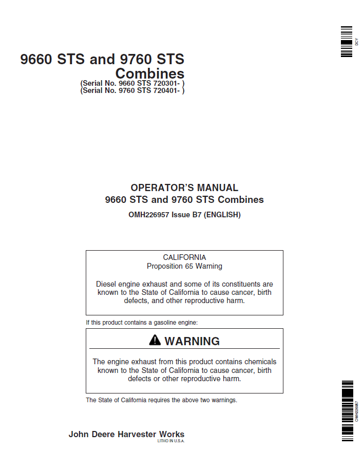 John Deere 9660 STS and 9760 STS Combine Operator Manual (OMH226957)