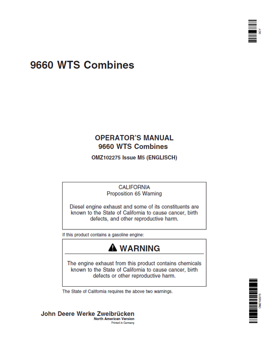 John Deere 9660 WTS Combine Owner & Operator Manual (OMZ102275)