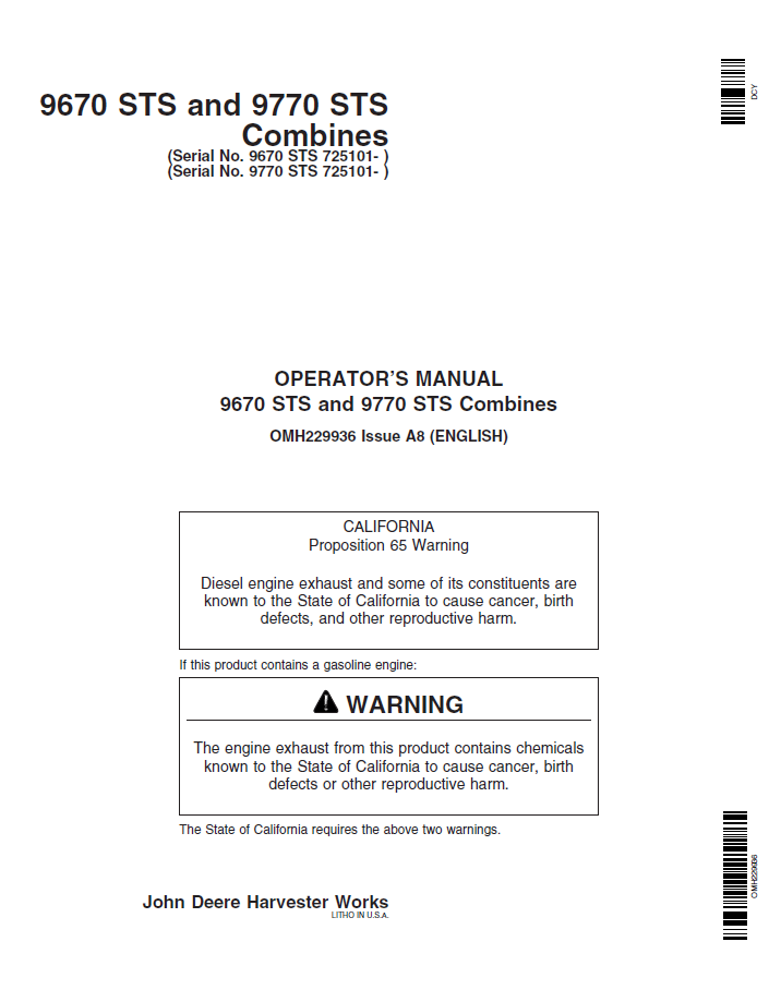John Deere 9670 STS and 9770 STS Combine Operator Manual (OMH229936)