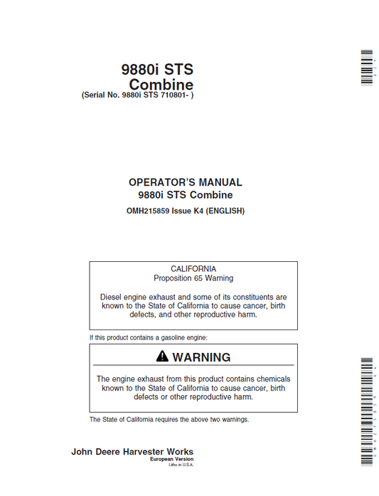 John Deere 9880i STS Combine Owner & Operator Manual (OMH215859)