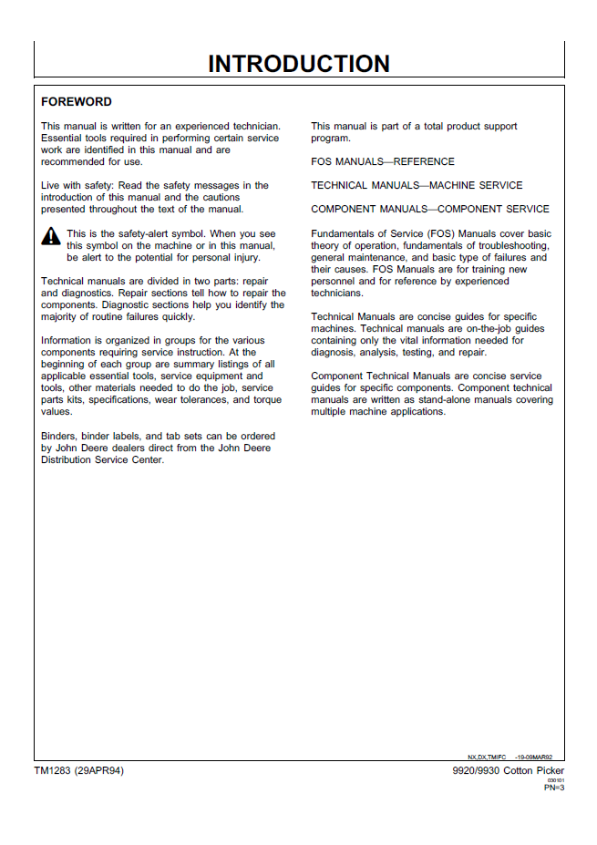 John Deere 9920 9930 Cotton Picker Technical Repair Manual TM1283