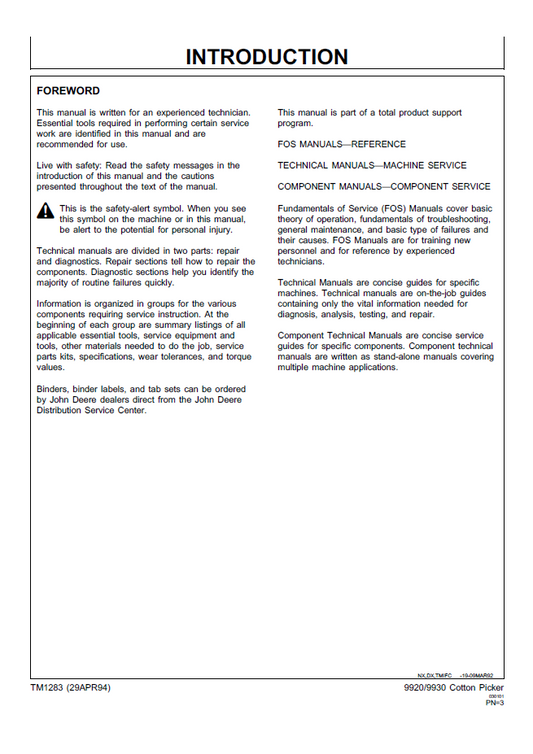 John Deere 9920 9930 Cotton Picker Technical Repair Manual TM1283