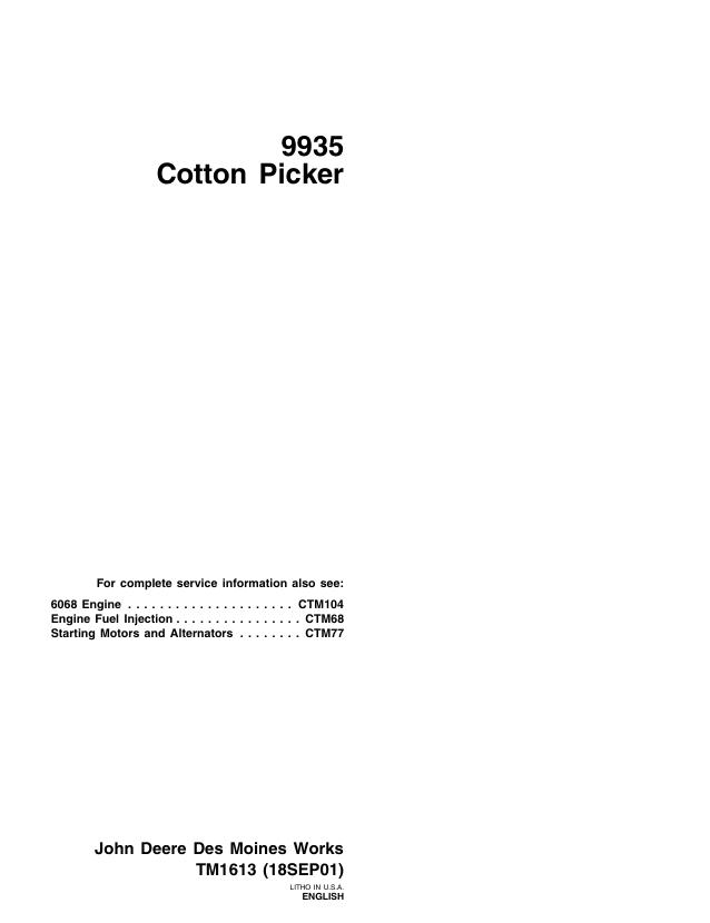 John Deere 9935 Cotton Picker Technical Manual TM1613 PDF
