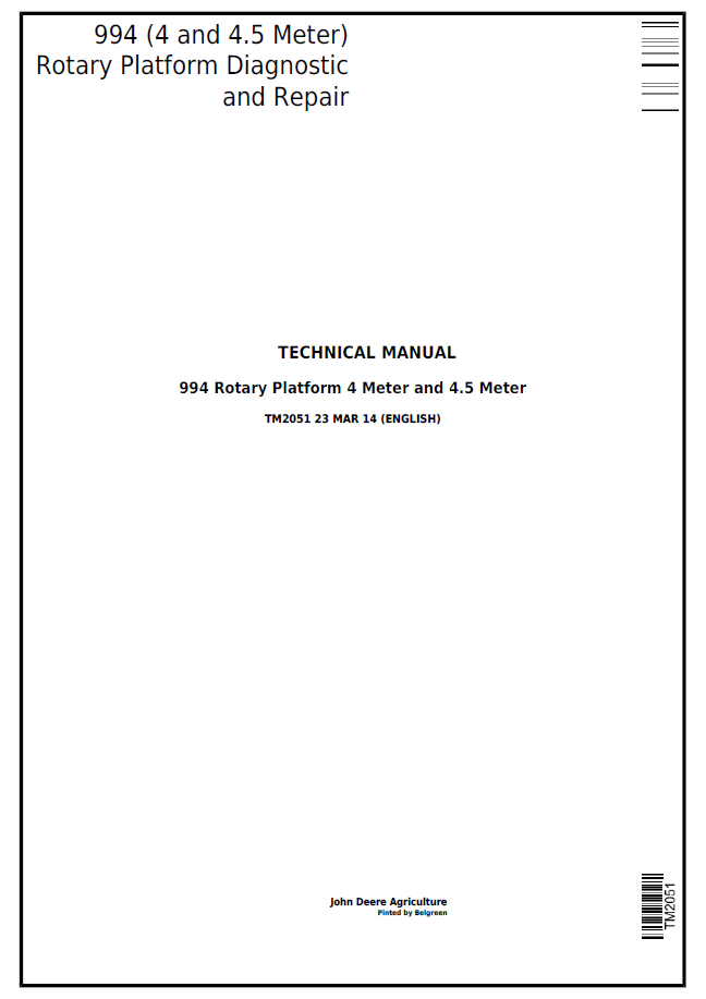 John Deere 994 Rotary Platform TM2051 Diagnostic & Repair Manual