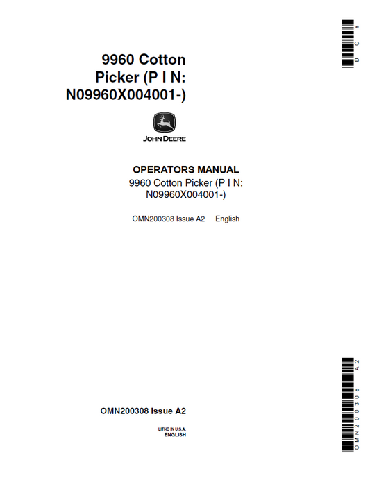John Deere 9960 Cotton Picker Owner & Operator Manual (OMN200308)