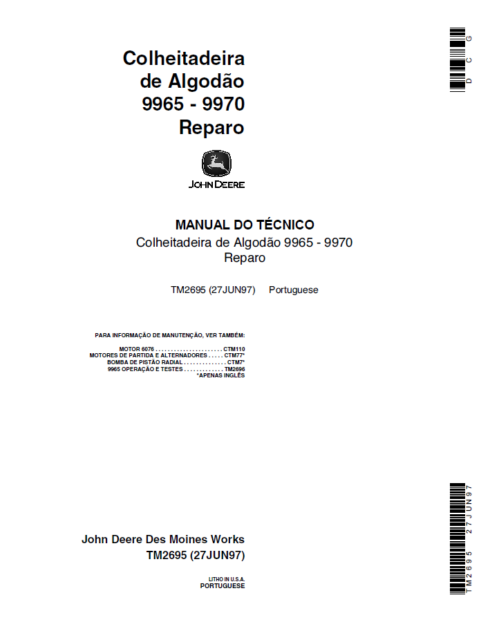 John Deere 9965 & 9970 Cotton Harvester TM2695 Technical Manual