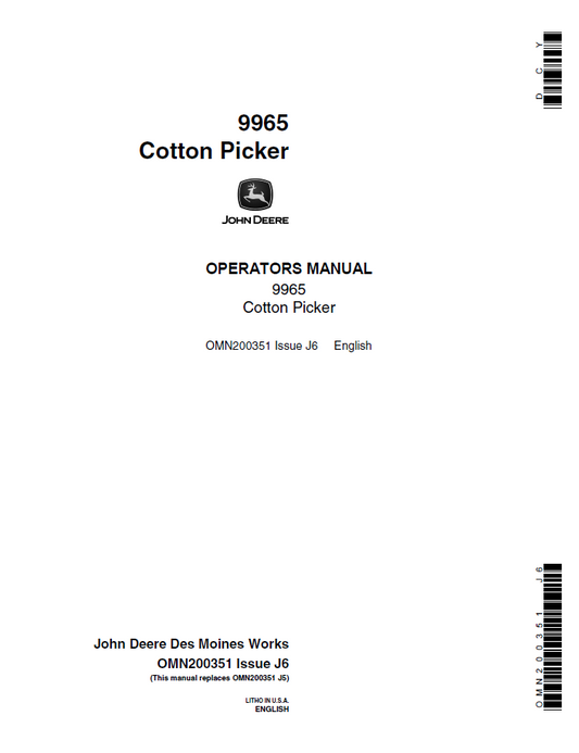 John Deere 9965 Cotton Picker Owner & Operator Manual (OMN200351)