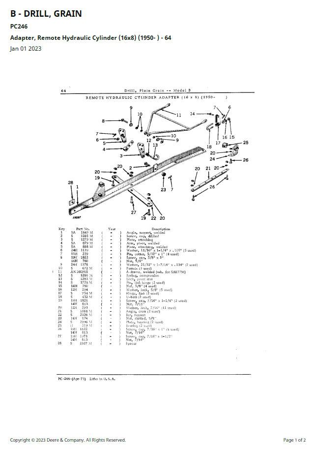 John Deere B Plain Grain Drill Component Parts Catalog PC246