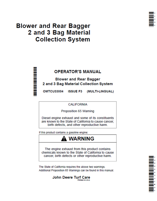 OMTCU33004 John Deere Blower & Rear Bagger 2 and 3 Bag Operator Manual PDF