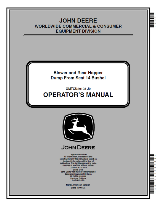 John Deere Blower & Rear Hopper 14 Bushel Operator Manual OMTCU29193