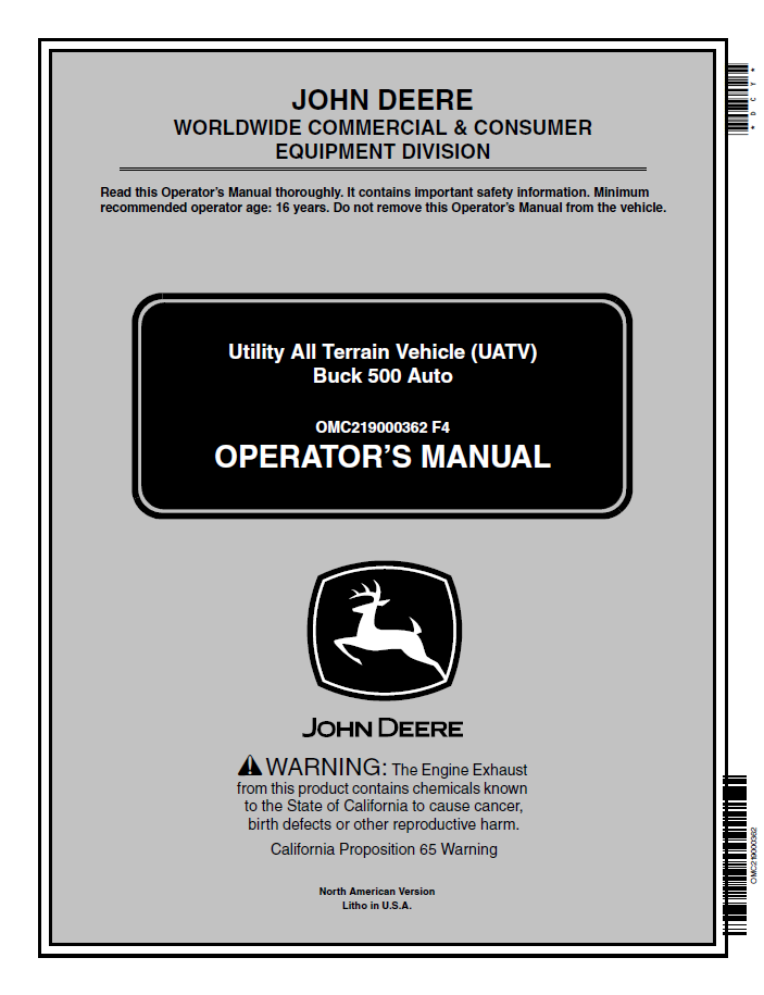 John Deere Buck 500 Auto UATV Operator Manual OMC219000362 PDF Download