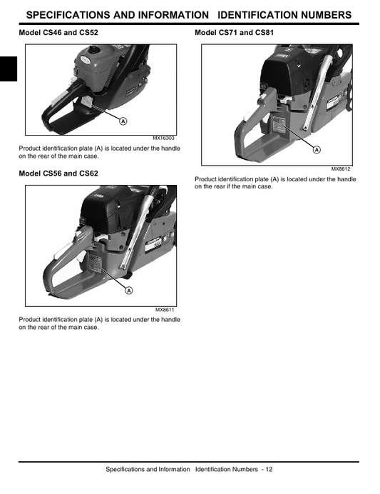 John Deere CS36, CS40, CS46, CS52 Chainsaw Service Manual