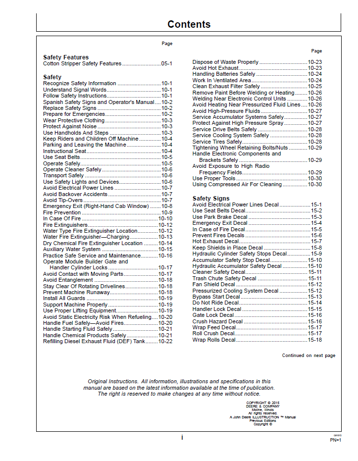John Deere CS690 Cotton Harvester OMKK29410 Maintenance and Operation Manual