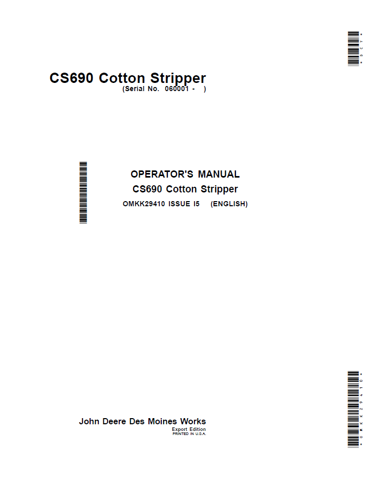 John Deere CS690 Cotton Stripper Operator Manual (OMKK29410)