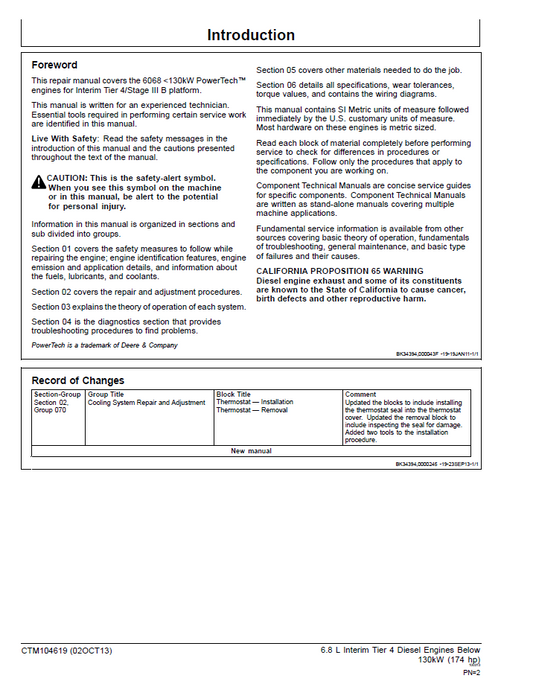 John Deere CTM104619 6.8L Interim Tier 4 Stage III B Service Manual