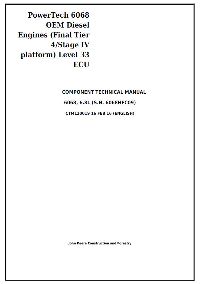 John Deere CTM120019 PowerTech 6068 Diesel Engine Manual PDF