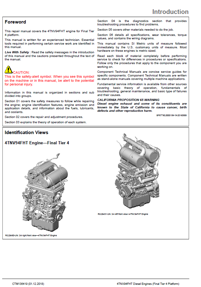 John Deere CTM136419 4TNV94FHT Final Tier 4 Diesel Engine Service Manual