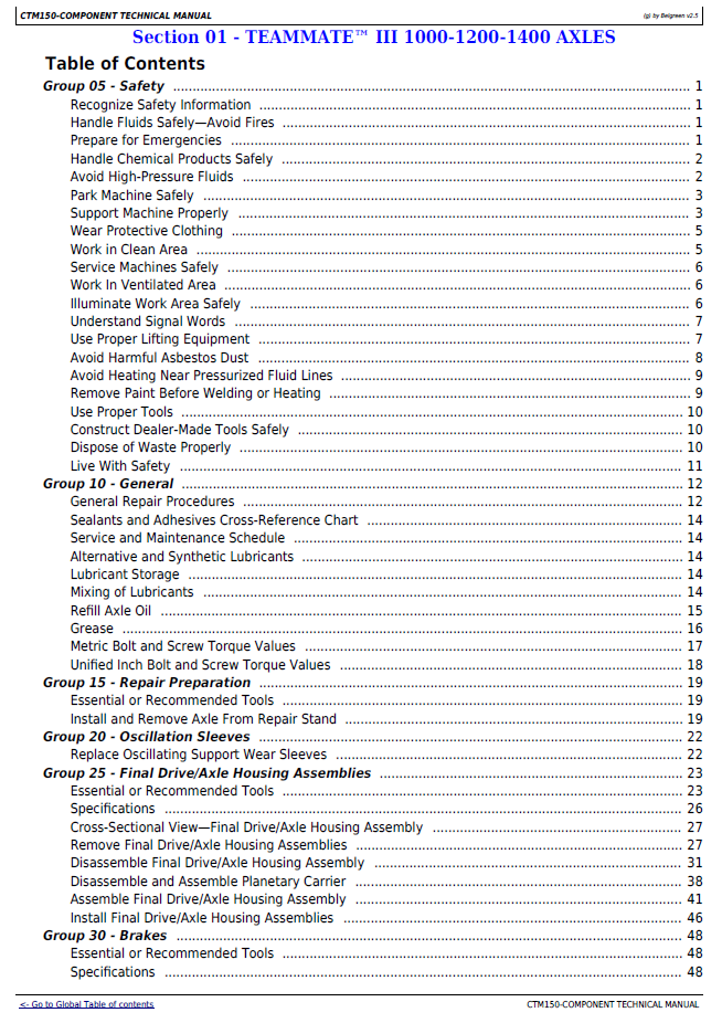 John Deere CTM150 Planetary Axle Technical Manual for Teammate III Series