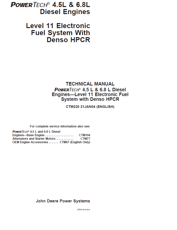 John Deere CTM220 PowerTech 4.5L 6.8L Diesel Engine Manual PDF