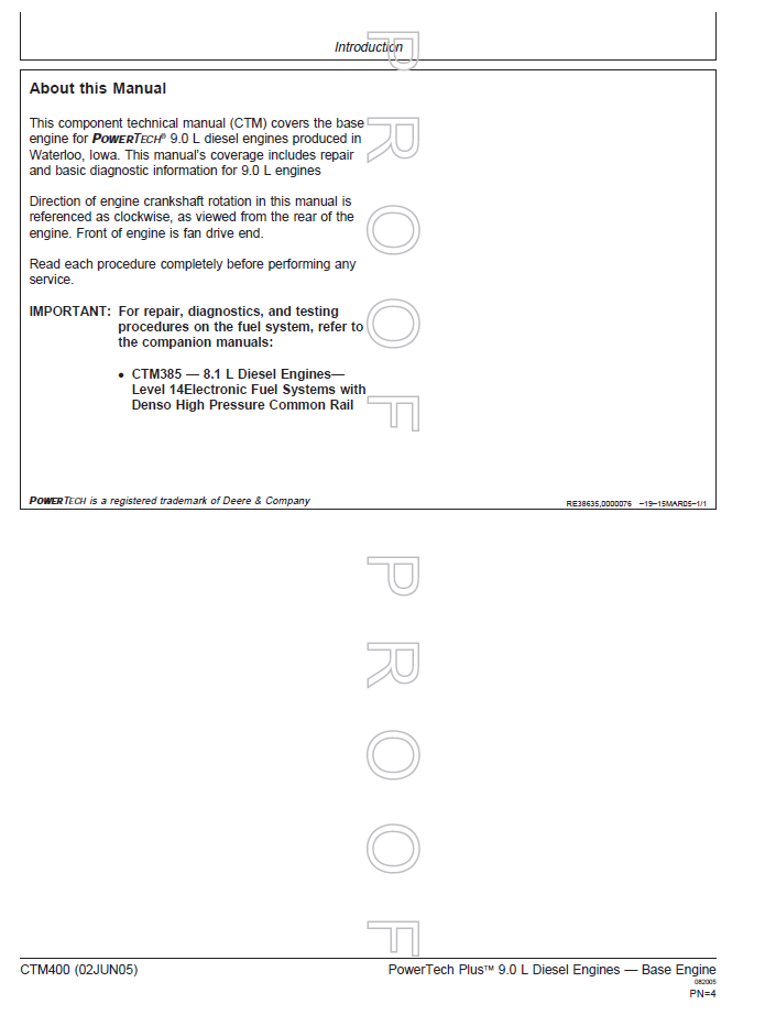 John Deere CTM400 PowerTech Plus 9.0L OEM Engine Technical Manual