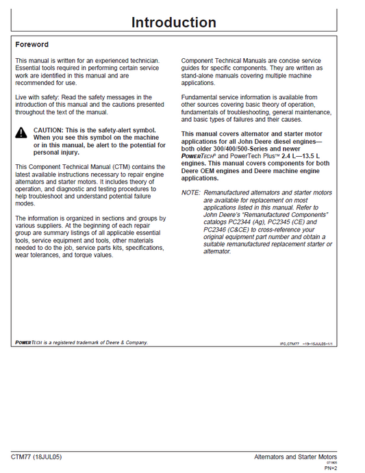 John Deere CTM77 Alternator & Starter Motor Repair and Diagnostics Manual