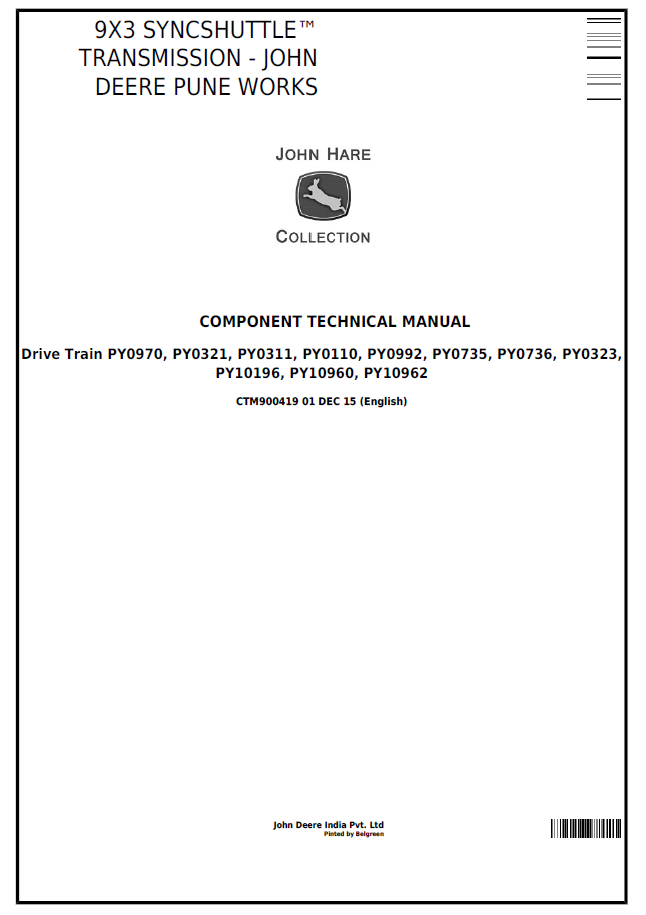 John Deere CTM900419 9X3 SyncShuttle Transmission Manual PDF