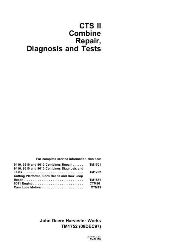 John Deere CTS II Combine Diagnostic and Repair Manual TM1752 PDF