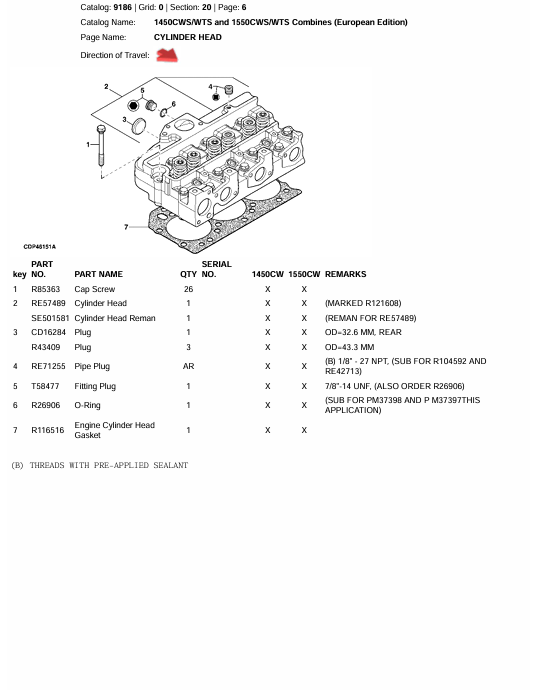 John Deere CWS Harvester 1450 1550 Parts Catalog With Diagrams