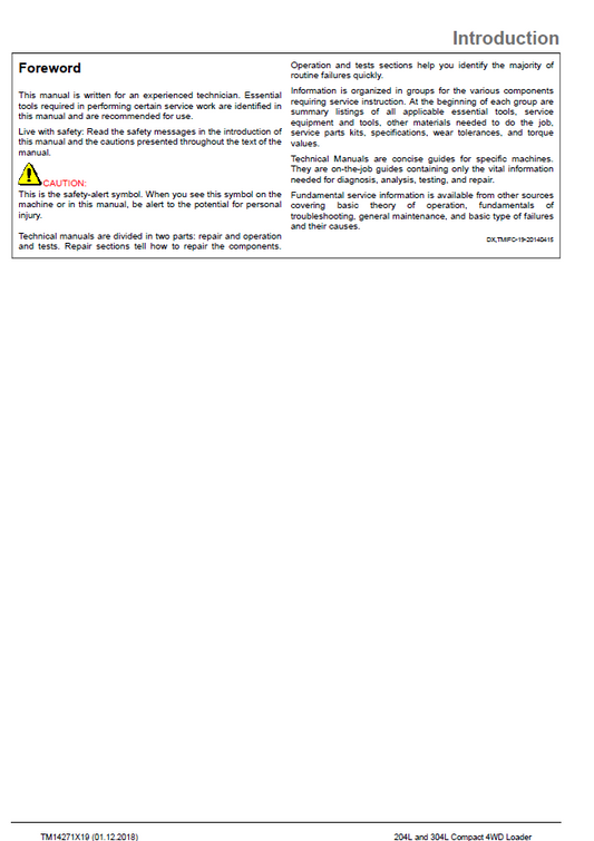 John Deere Compact Loader TM14271X19 Operation & Test Technical Manual PDF