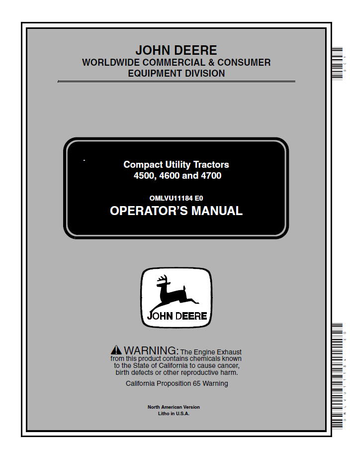 John Deere Compact Utility Tractor 4500, 4600 and 4700 Operator Manual (OMLVU11184)