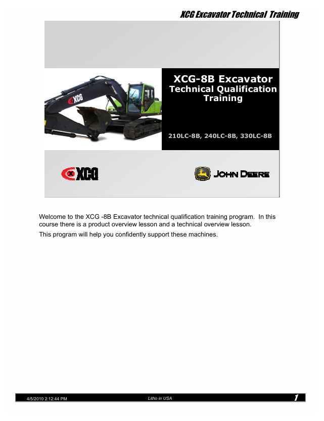 John Deere DGTC344 Excavator Training Manual for XCG 210LC-8B, 240LC-8B & 330LC-8B