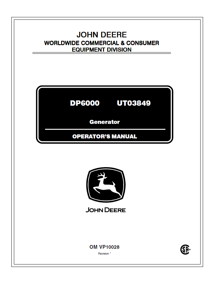 John Deere DP6000 UT03849 Generator Operator Manual (OMVP10028)