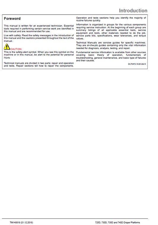John Deere Draper Platform 725D-740D Repair Service Manual TM148919