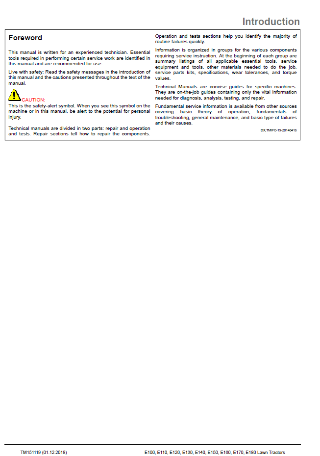 John Deere E-Series E100 E110 E120 E130 Repair Manual TM151119